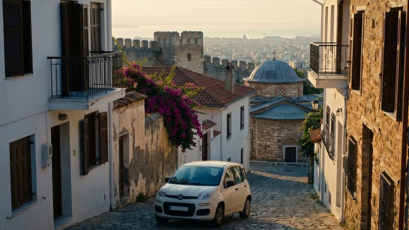 Δρομάκι της Άνω Πόλης στη Θεσσαλονίκη, με τα βυζαντινά τείχη και την πόλη ν’ απλώνεται ως τη θάλασσα